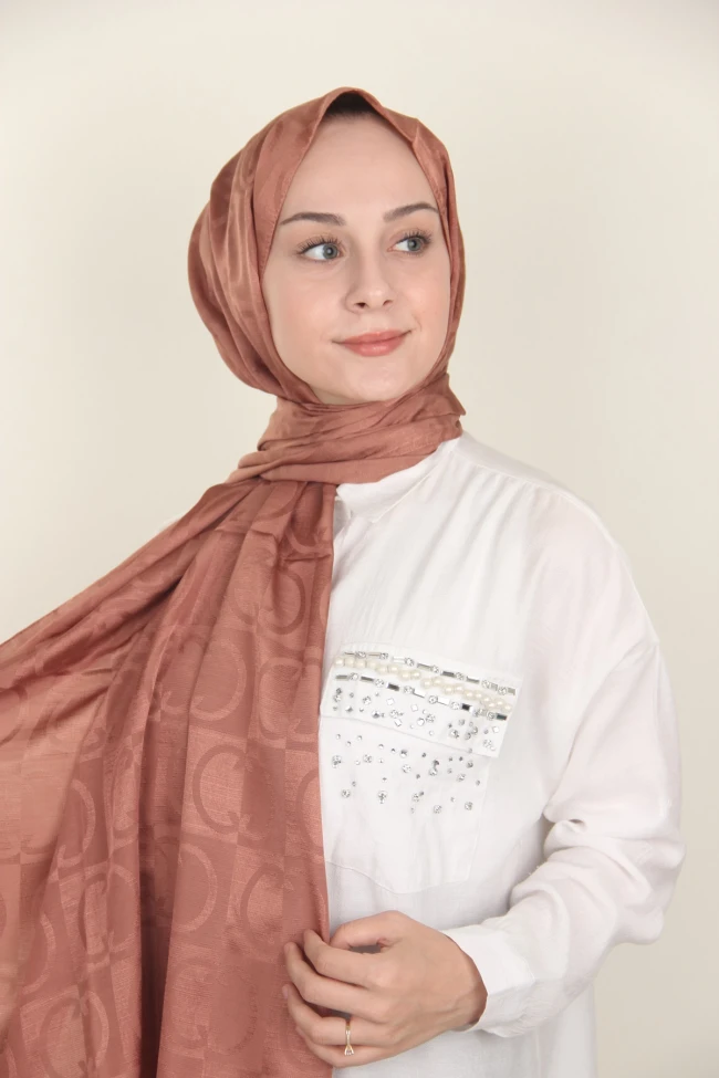Bakır Siyane Scarf Halka Desen Monogram Pamuk Şal