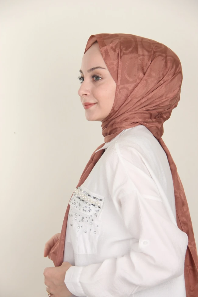 Bakır Siyane Scarf Halka Desen Monogram Pamuk Şal