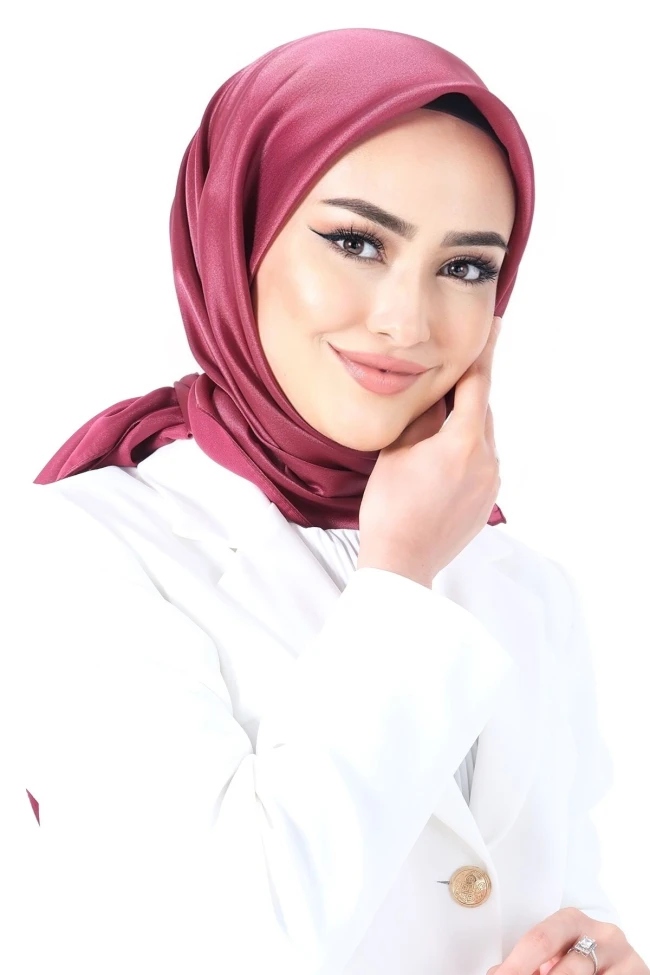 Koyu Bordo Harem Scarf Kristal Saten Eşarp