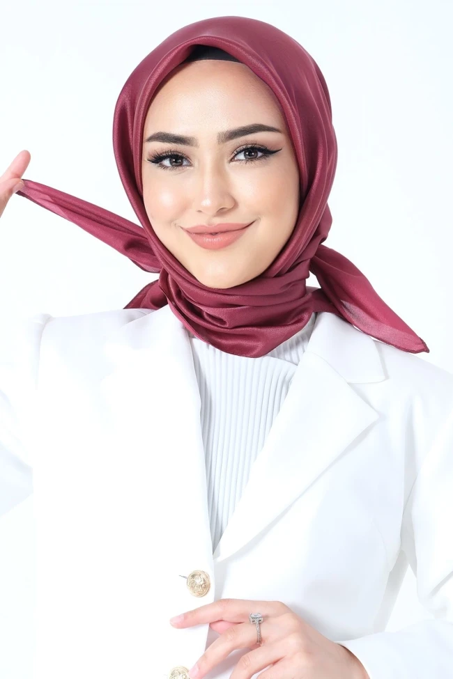 Koyu Bordo Harem Scarf Kristal Saten Eşarp