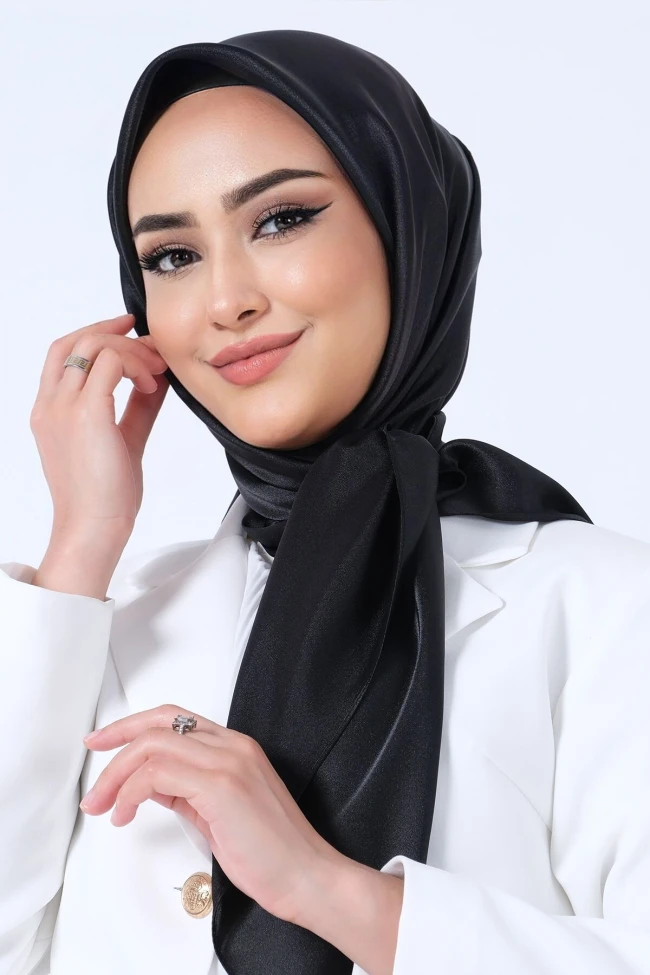 SİYAH Harem Scarf Kristal Saten Eşarp