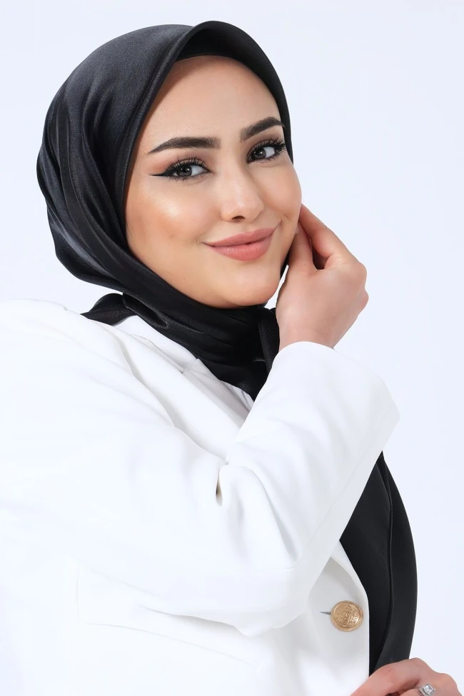 SİYAH Harem Scarf Kristal Saten Eşarp