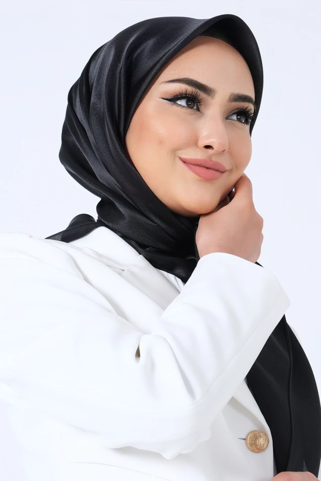 SİYAH Harem Scarf Kristal Saten Eşarp