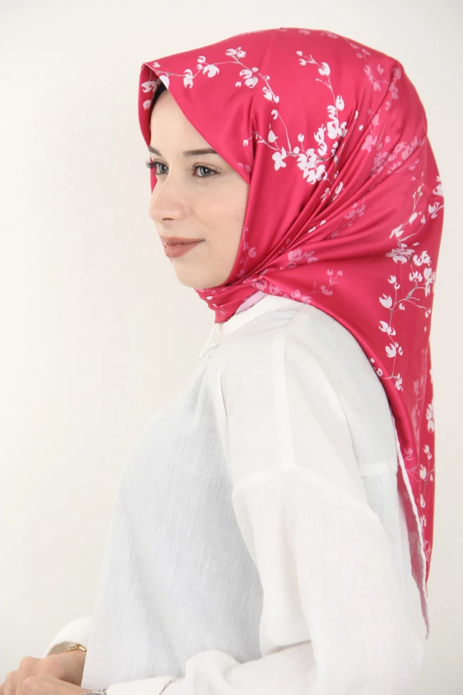 Fuşya Quaj Çiçek Desen İpek Rayon Eşarp