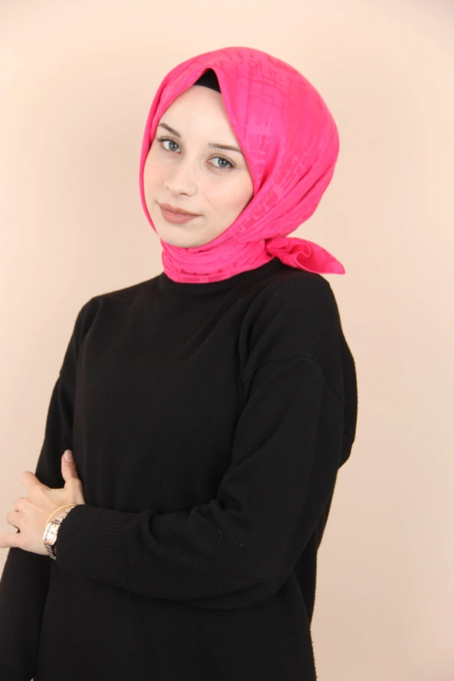 Fuşya Quaj Yakma Desen Jakarlı Pamuk Eşarp