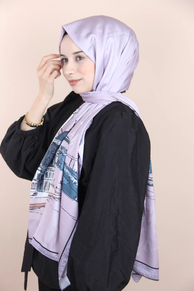 Pudra Balse Desenli Polyester Şal