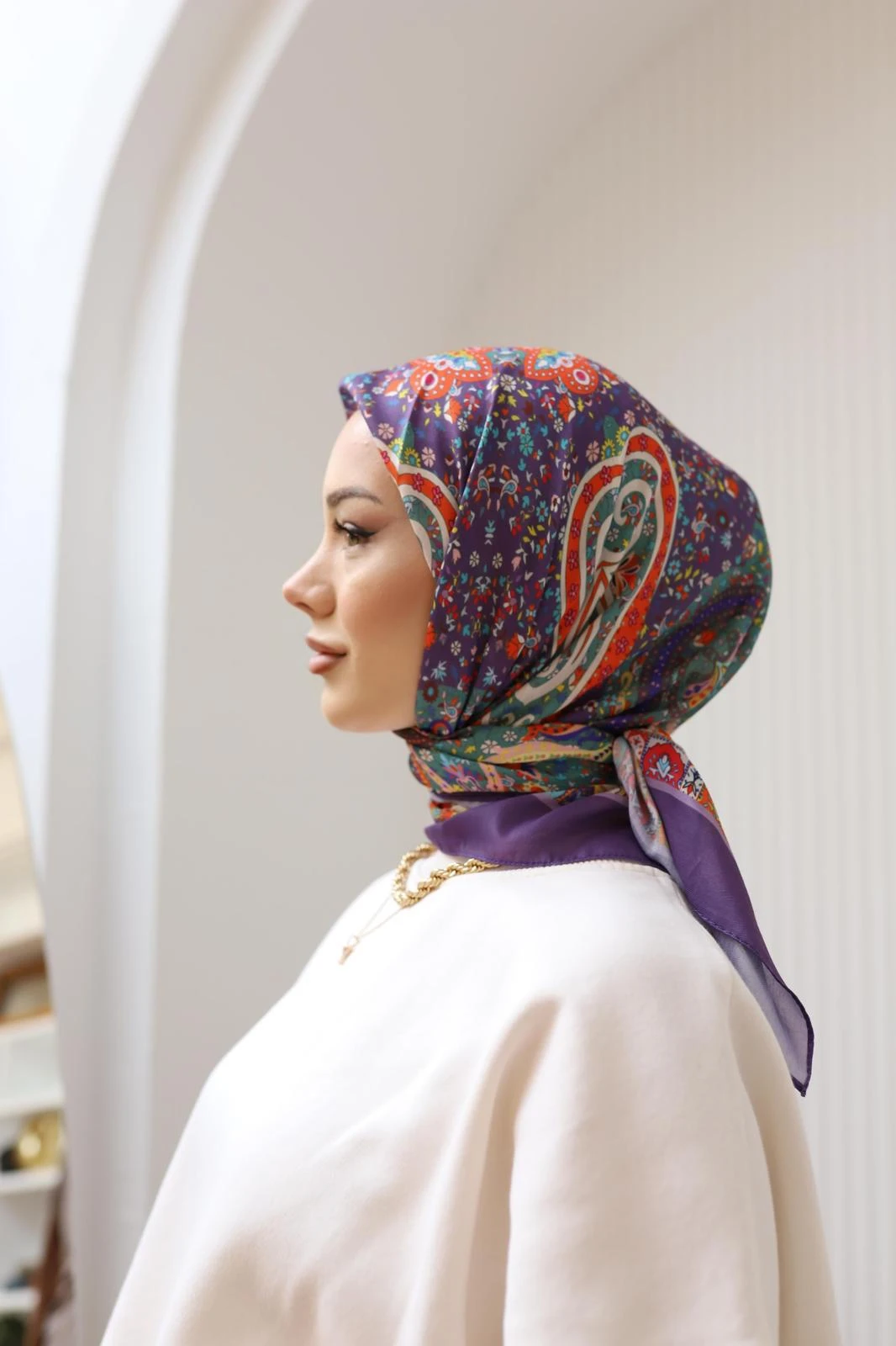 Mor Siyane Scarf Renkli Etnik Desen Pamuk Eşarp