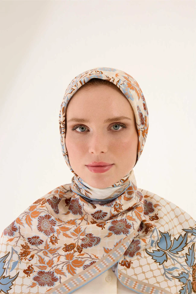 Bej Gri İmannoor Çit Çift Taraflı Twill İpek Eşarp 251-1002