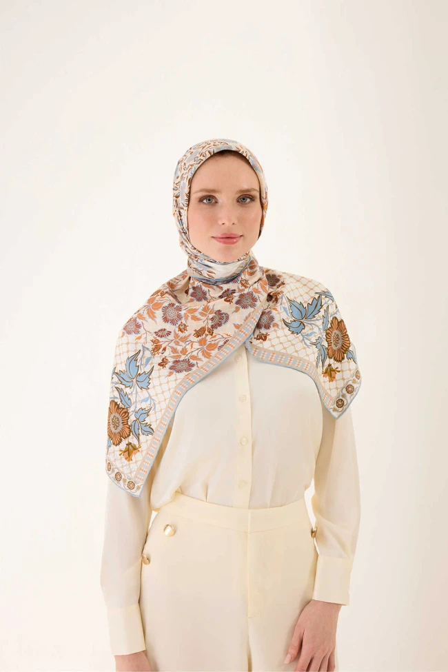 Bej Gri İmannoor Çit Çift Taraflı Twill İpek Eşarp 251-1002
