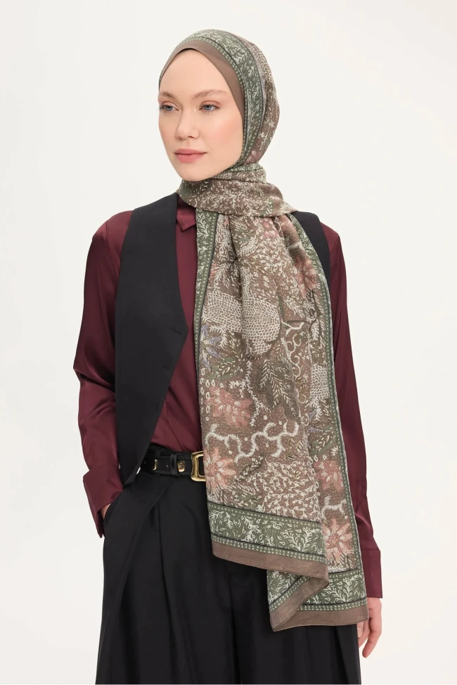 07 Silk Home Vintage Botanik Desen Monare Şal