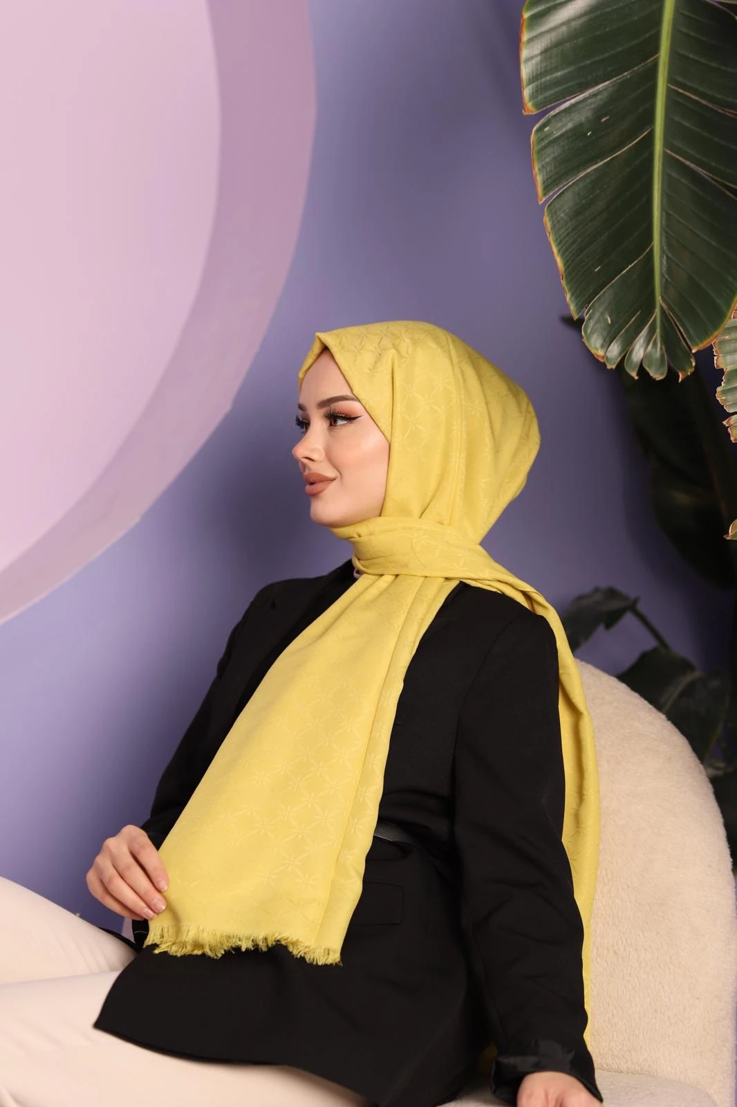 Yağ Sarısı Siyane Scarf Kelebek Desen Pamuk Şal