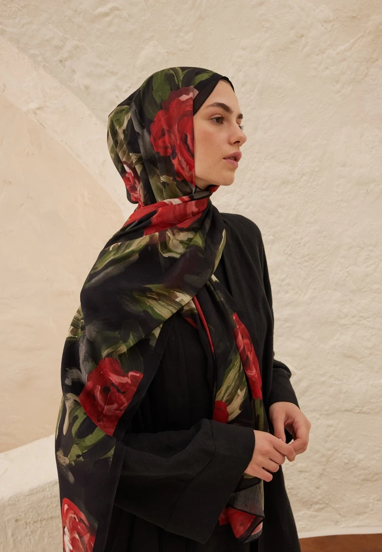 Kırmızı Fresh Scarfs Summer Rose Desen Rami Şal