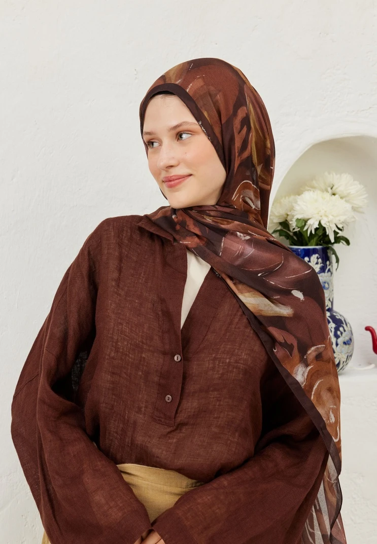 Tarçın Kabuğu Fresh Scarfs Dark Garden Desen Rami Şal