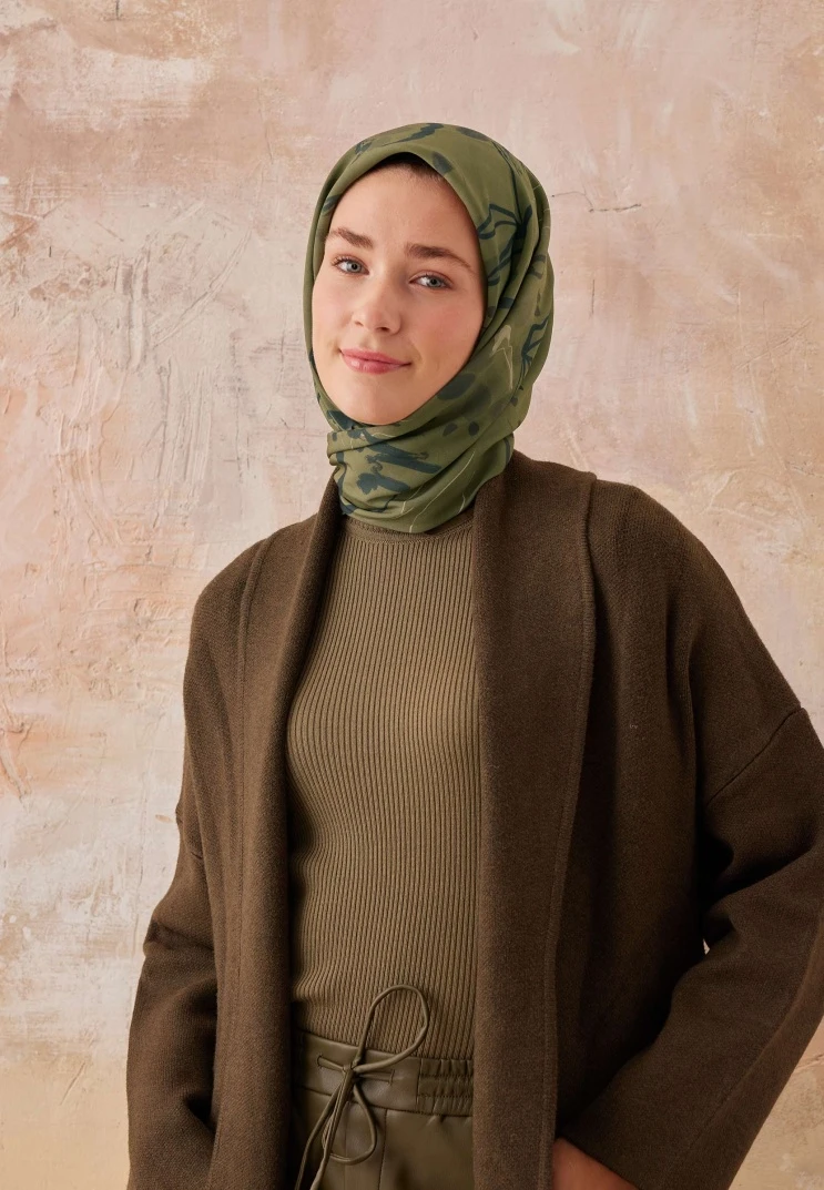 Asker Yeşili Fresh Scarfs Aura Desen Pamuk İpek Eşarp