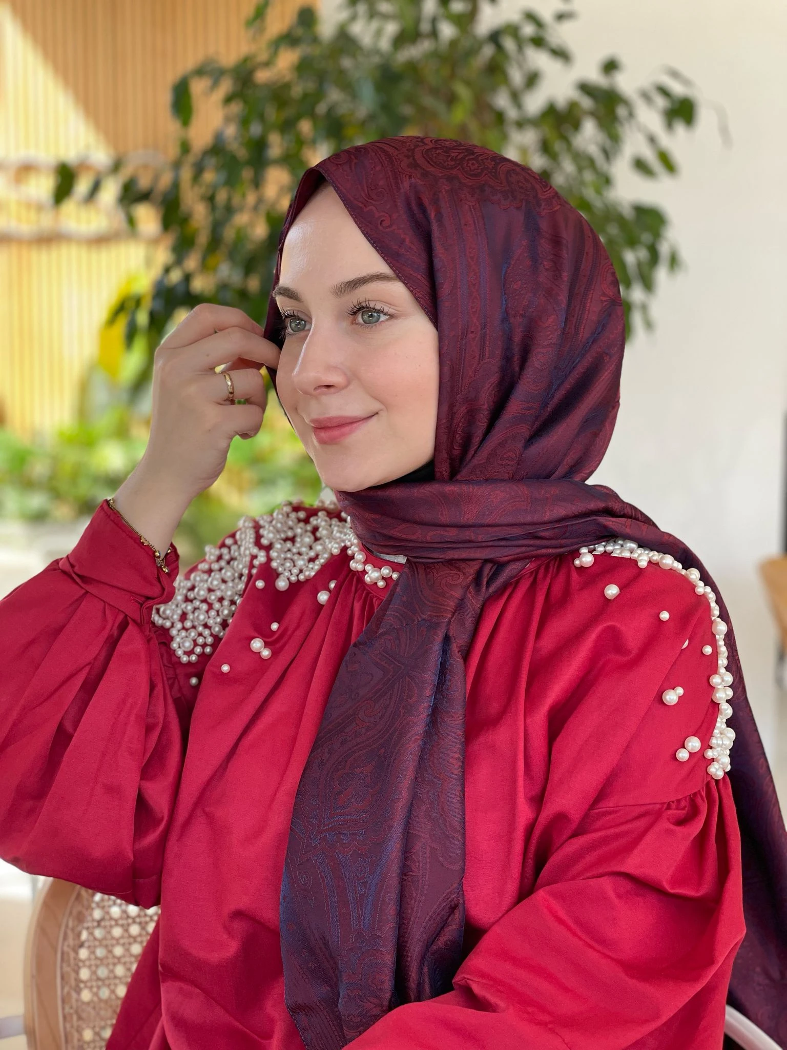 LACİVERT BORDO İpekseli Jakarlı Etro Etnik Desen Şal