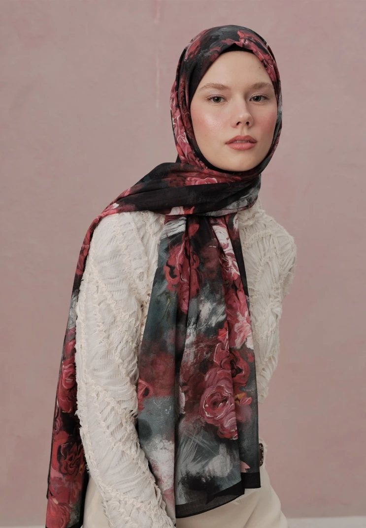 SİYAH Fresh Scarfs Love In Bloom Desen Vual Şal