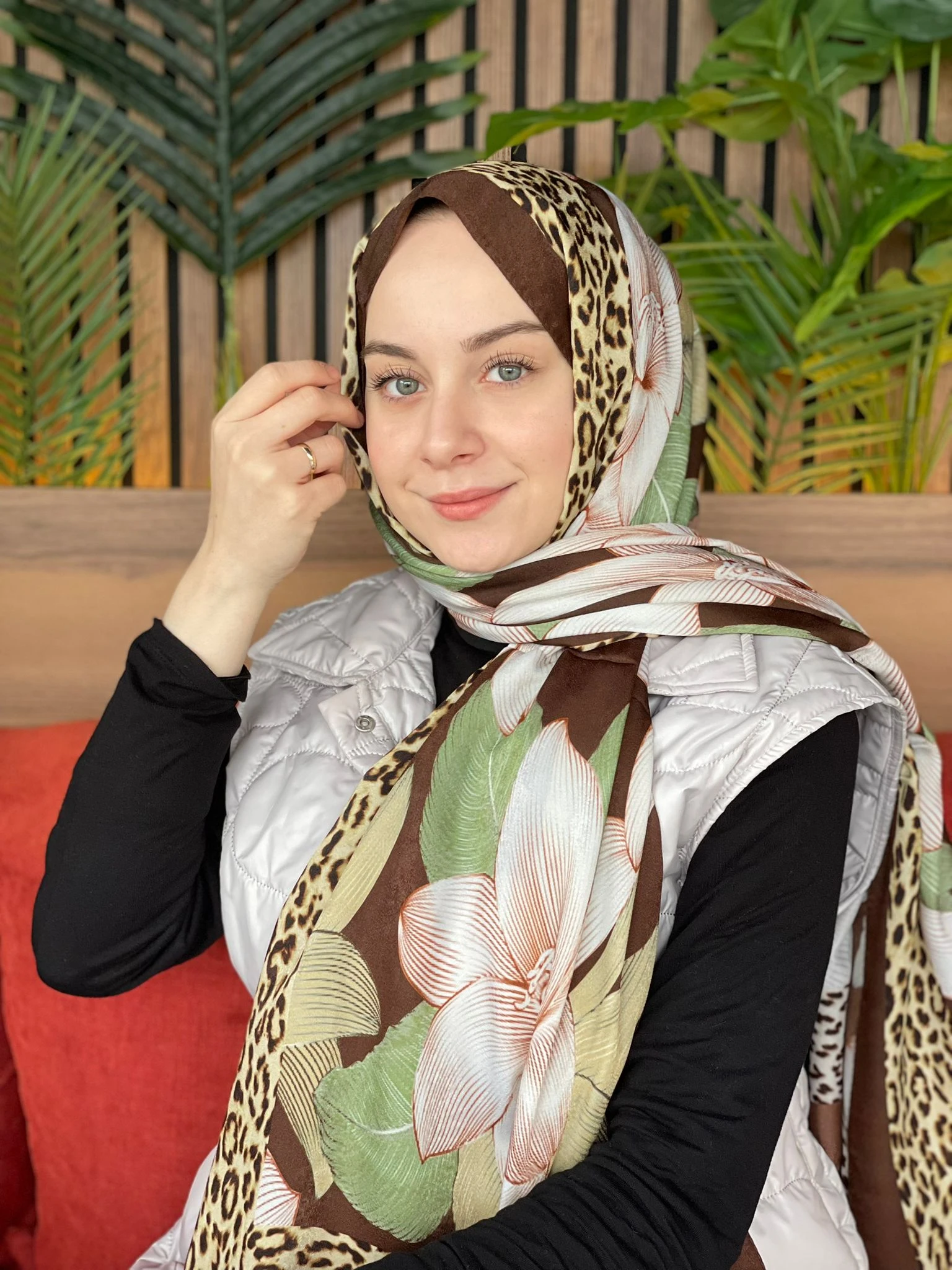Çikolota-Kahve Cardion Premium Leopar Yaprak Desen Şal