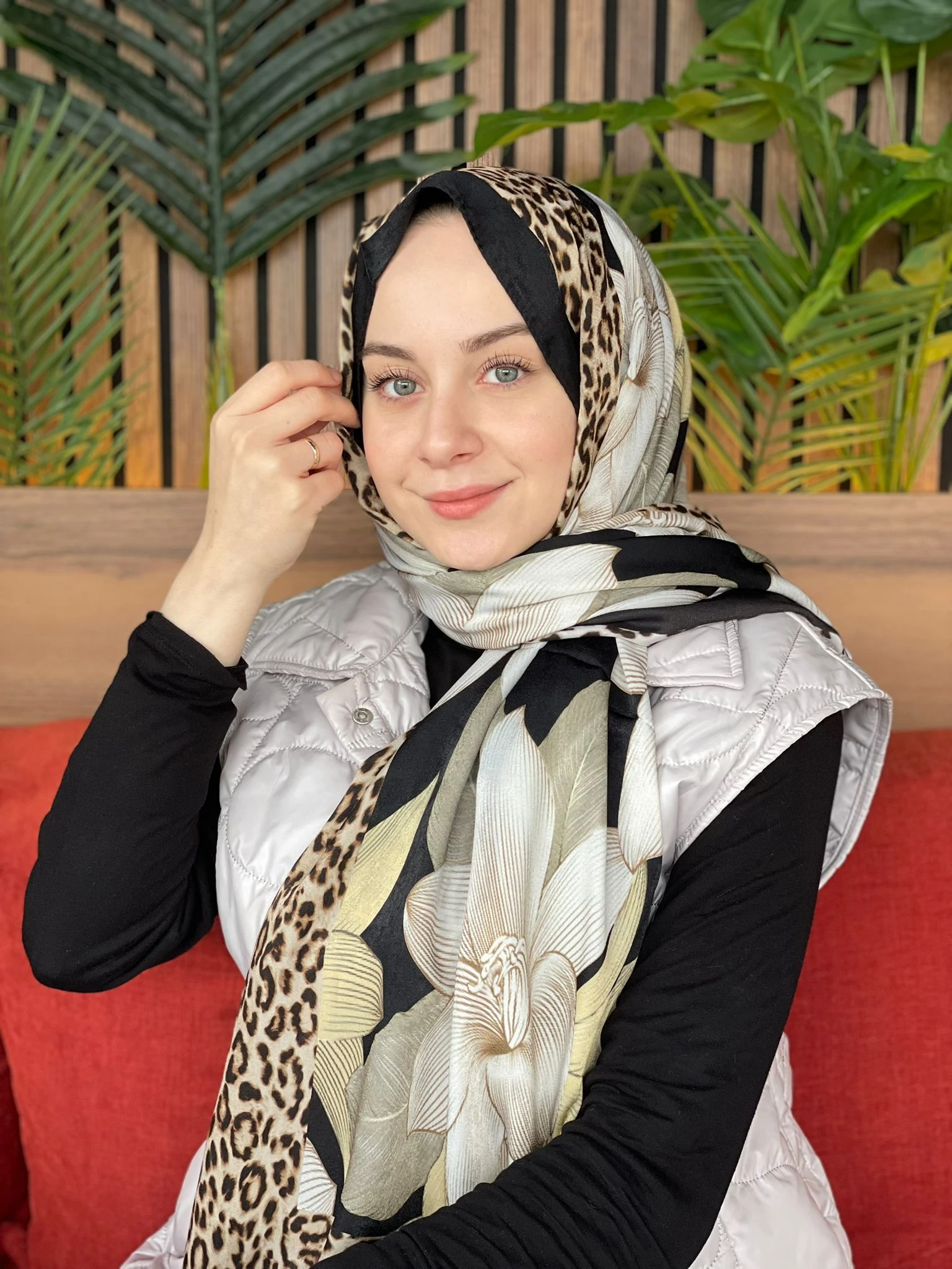 Siyah Camel Cardion Premium Leopar Yaprak Desen Şal