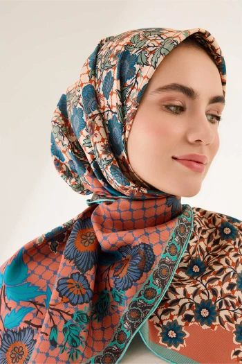 Turuncu Turkuaz İmannoor Çit Çift Taraflı Twill İpek Eşarp 251-1002