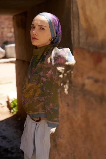 Mavi ED Scarf Sunrise Fırça Desen Şal