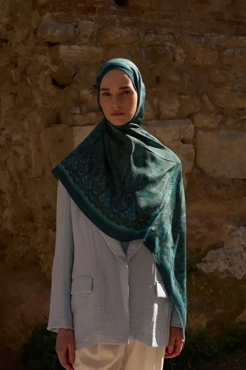 Petrol ED Scarf Sunrise Etnik Desen Şal