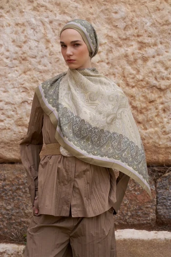 Yağ Yeşili ED Scarf Sunrise Etnik Desen Şal