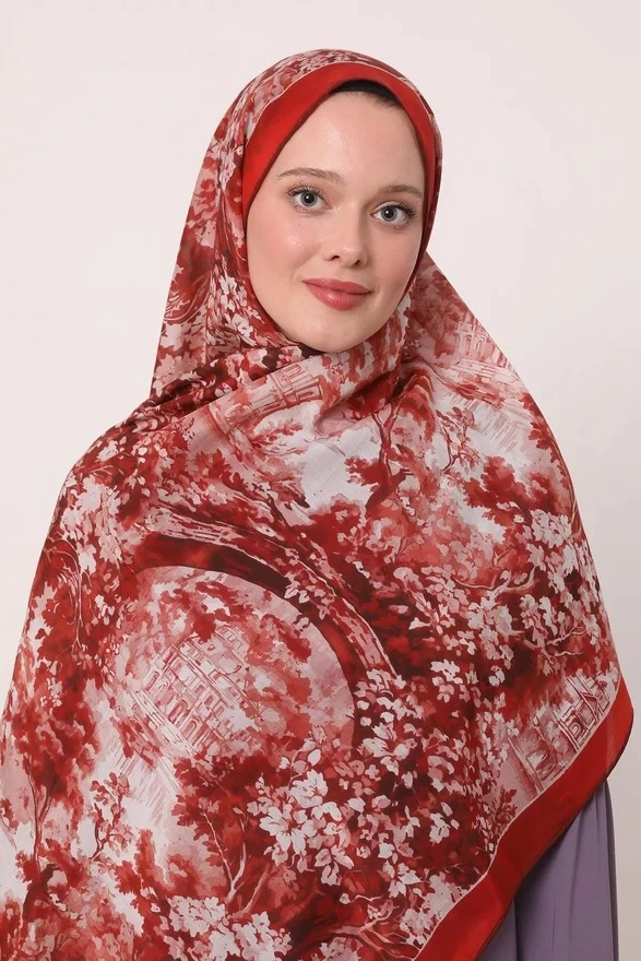 Kırmızı Luvensara Desenli Silk Elite Şal