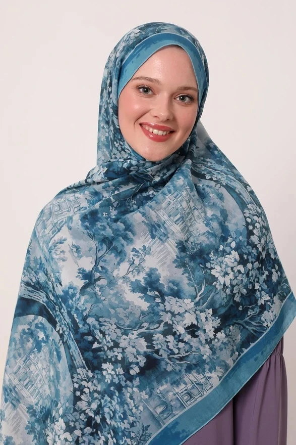 Petrol mavisi Luvensara Desenli Silk Elite Şal