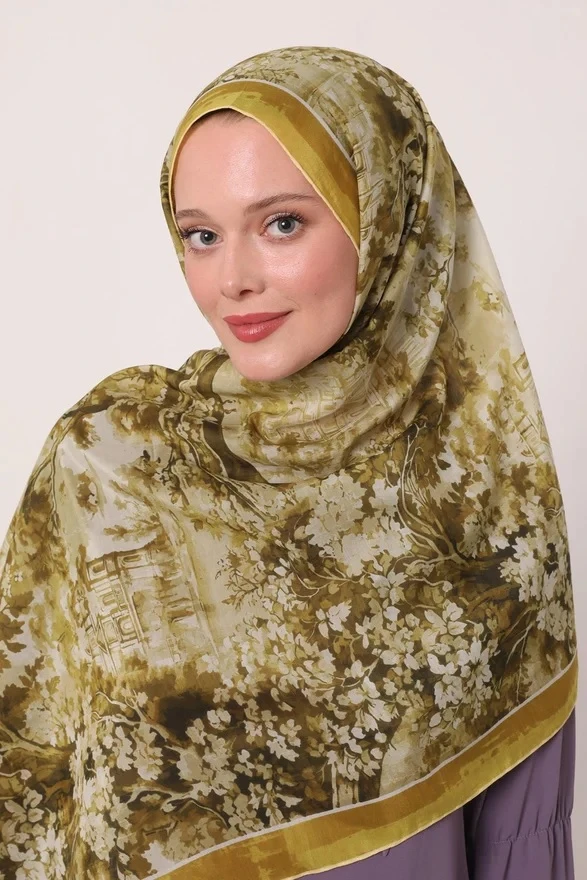Yağ Yeşili Luvensara Desenli Silk Elite Şal