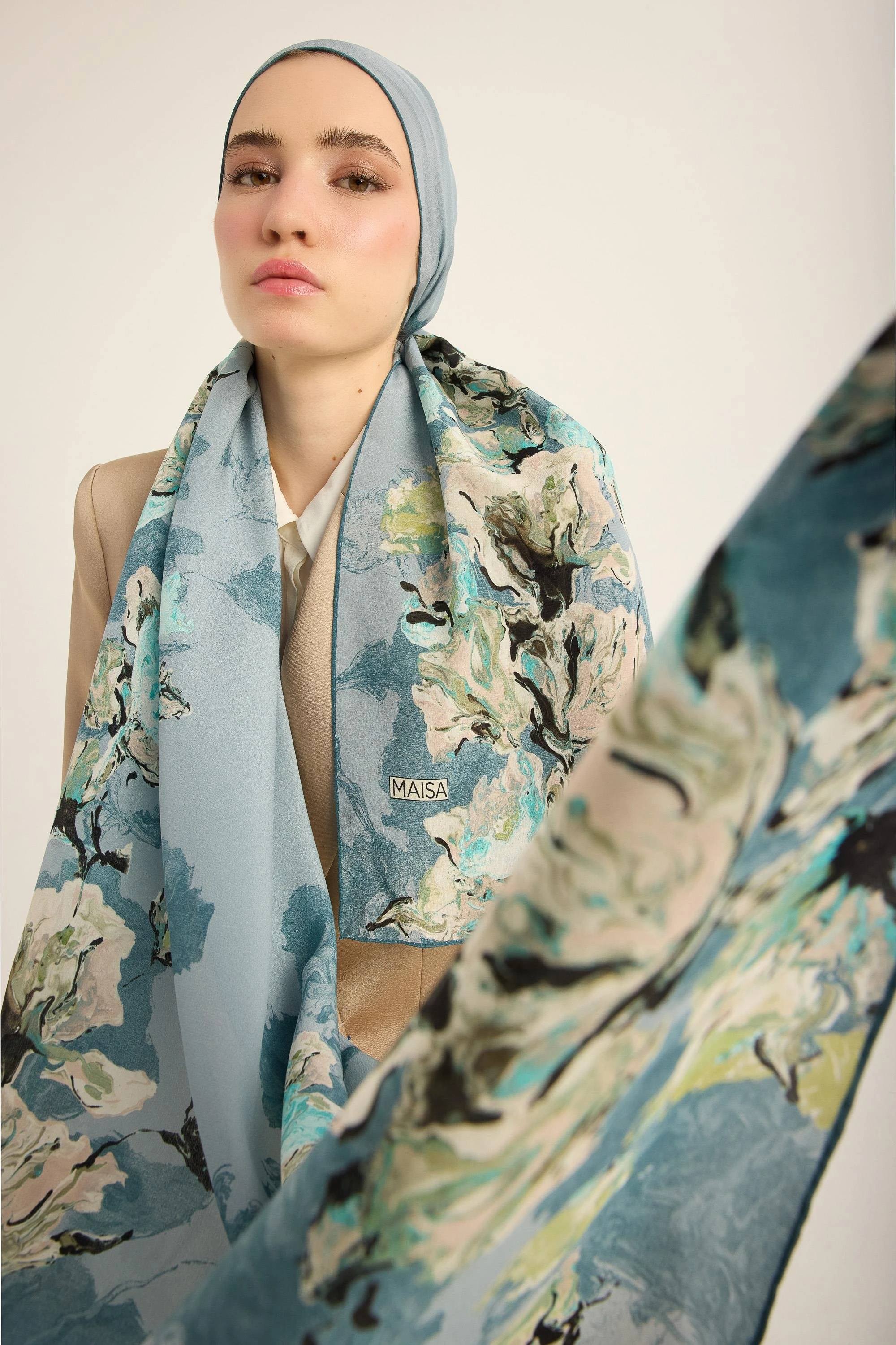 Açık Mavi Maisa Nevbahar Krep İpek Şal