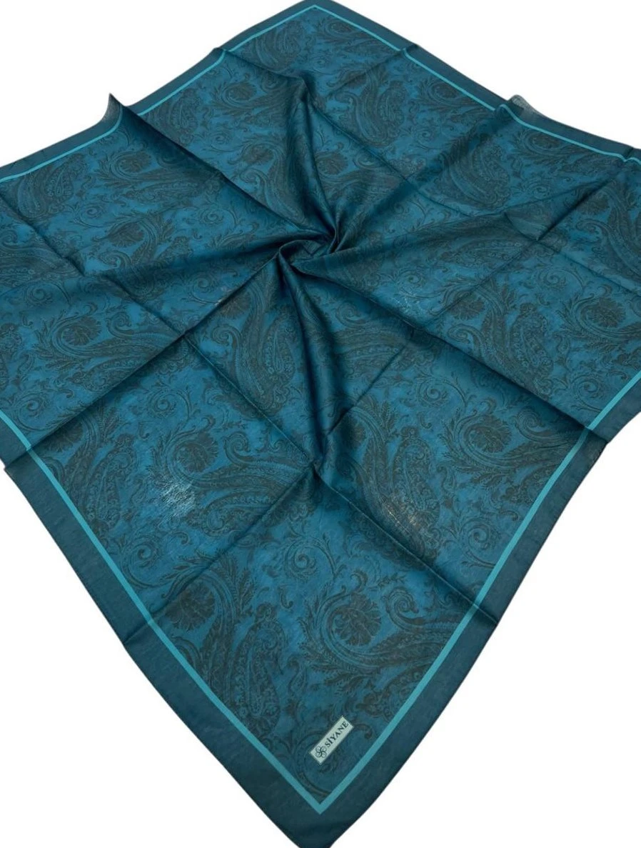 Koyu Turkuaz Siyane Scarf Etnik Tablo Desen Soft Eşarp