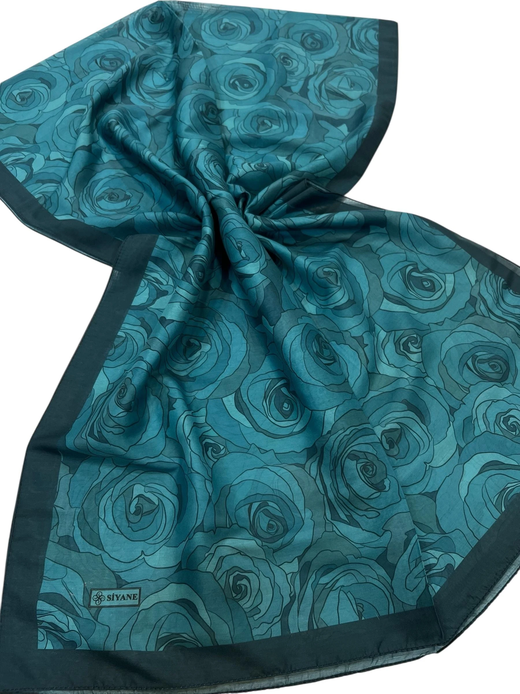 Petrol Siyane Scarf Naturel Gül Desenli Şal