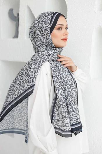 SİYAH Siyane Scarf Kiraz Çiçeği Desen Vual Şal