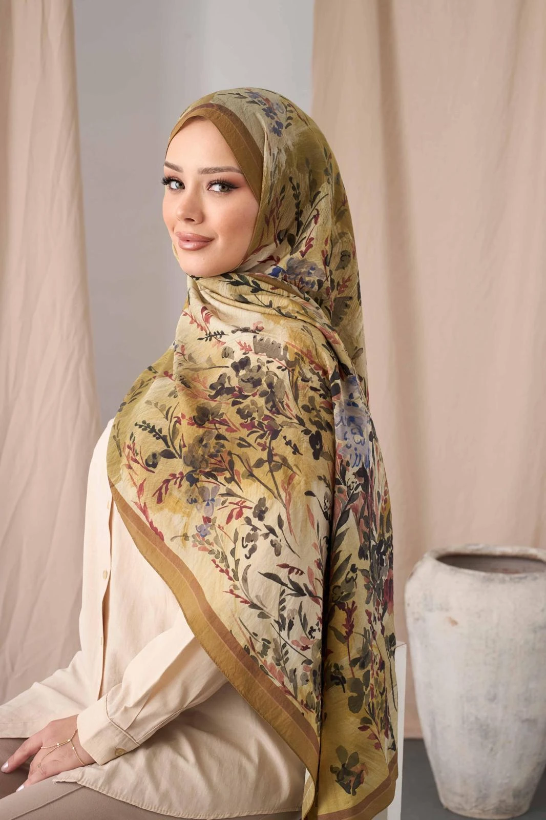 Yağ Yeşili Siyane Çiçek Cupra Viskon Şal