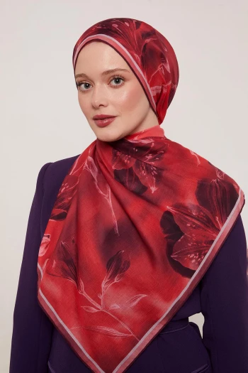 Kırmızı Luvensara Botanik Lale Desen Soft Eşarp