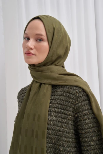 Zeytin Yeşili Carell Küpçizgi Jakar İtalyan İpekli Şal