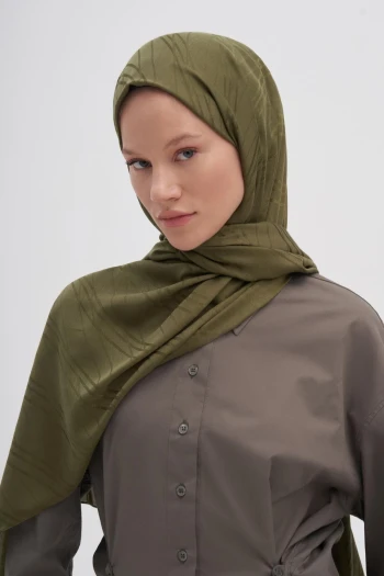 Zeytin Yeşili Carell Simetrik Jakar İtalyan İpekli Şal