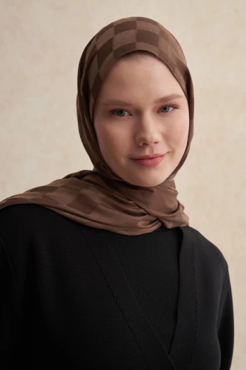 Küllü Kahve Carell Dama Jakar İtalyan İpekli Şal