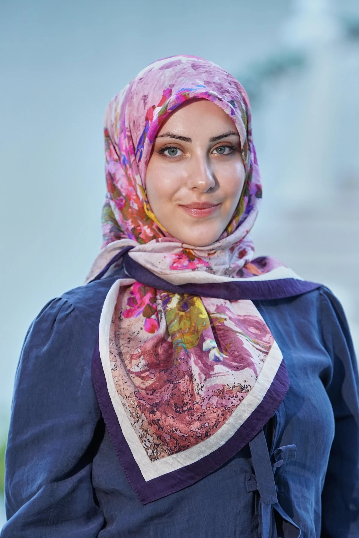 Lacivert-Bej Loryan Scarf Duman Desen Henna Eşarp