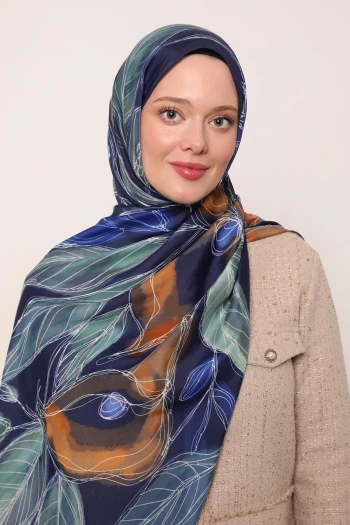 LACİVERT Luvensara Yaprak Desen Flora Şal