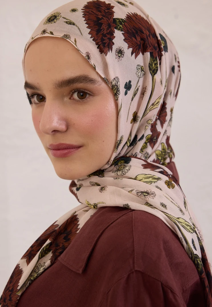 Soft Pembe Fresh Scarfs Bloomıng Dahlıa Desen Rami Şal