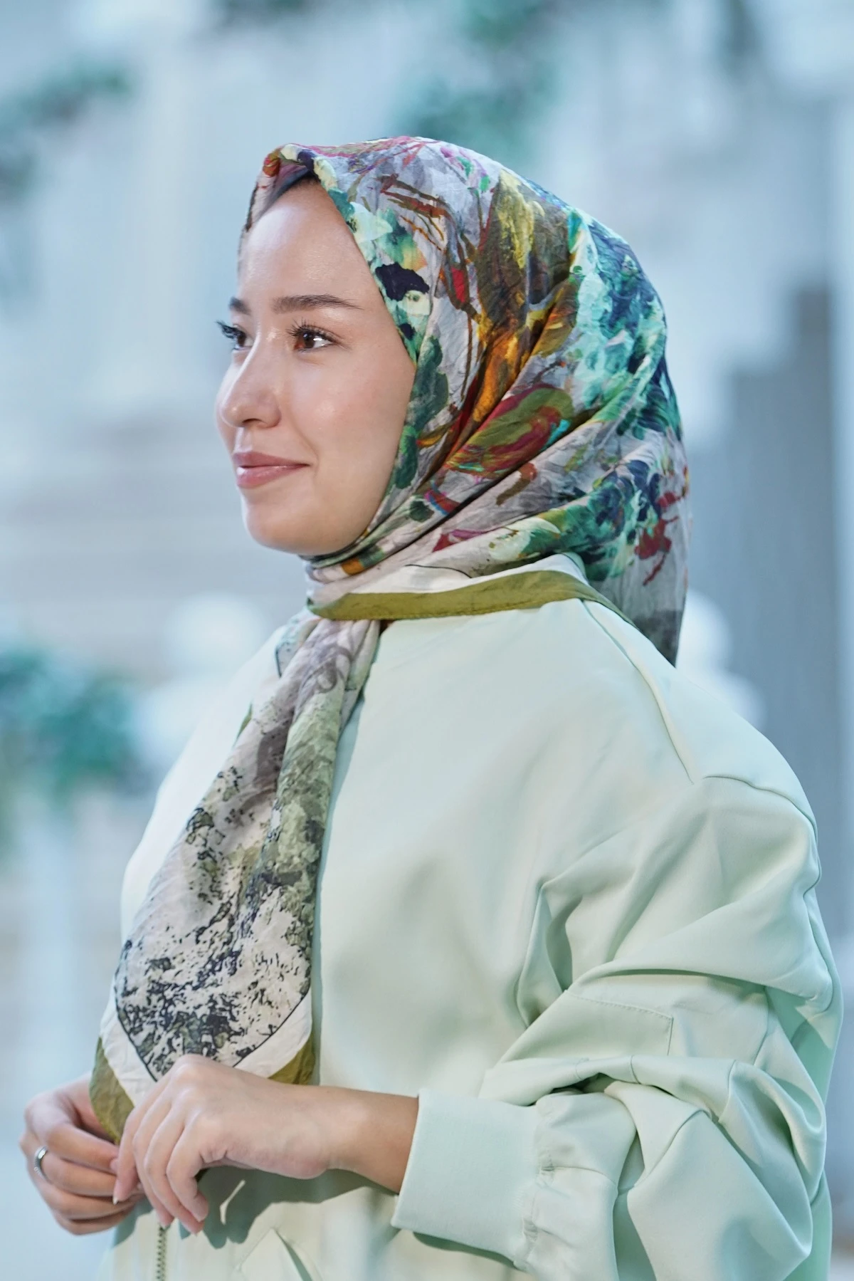 Yağ Yeşili Loryan Scarf Duman Desen Henna Eşarp