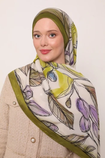 Yağ Yeşili Luvensara Yaprak Desen Flora Şal