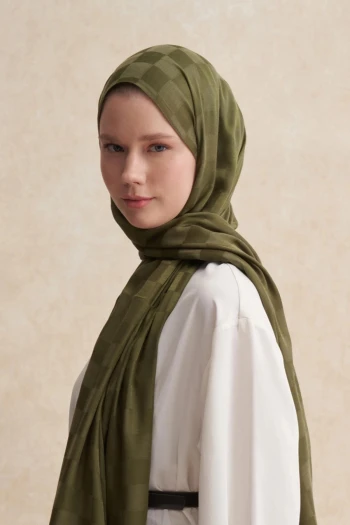 Zeytin Yeşili Carell Dama Jakar İtalyan İpekli Şal