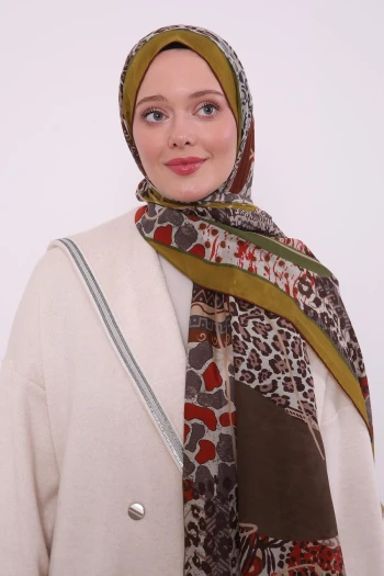 Zeytin Yeşili Luvensara Mix Desen Silk Elite Şal