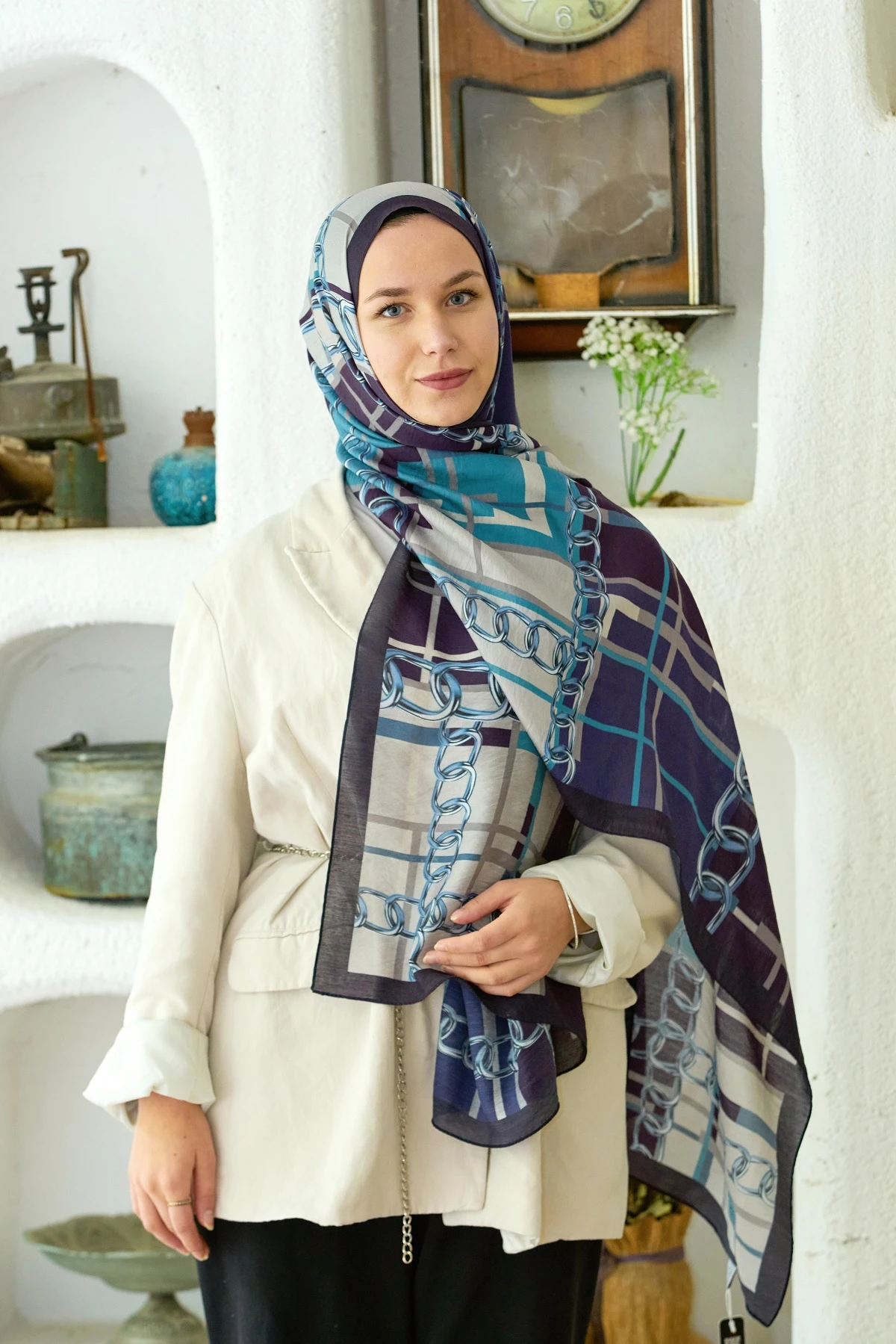 Koyu Lacivert Loryan Scarf Diamond Ekose Zincir Şal