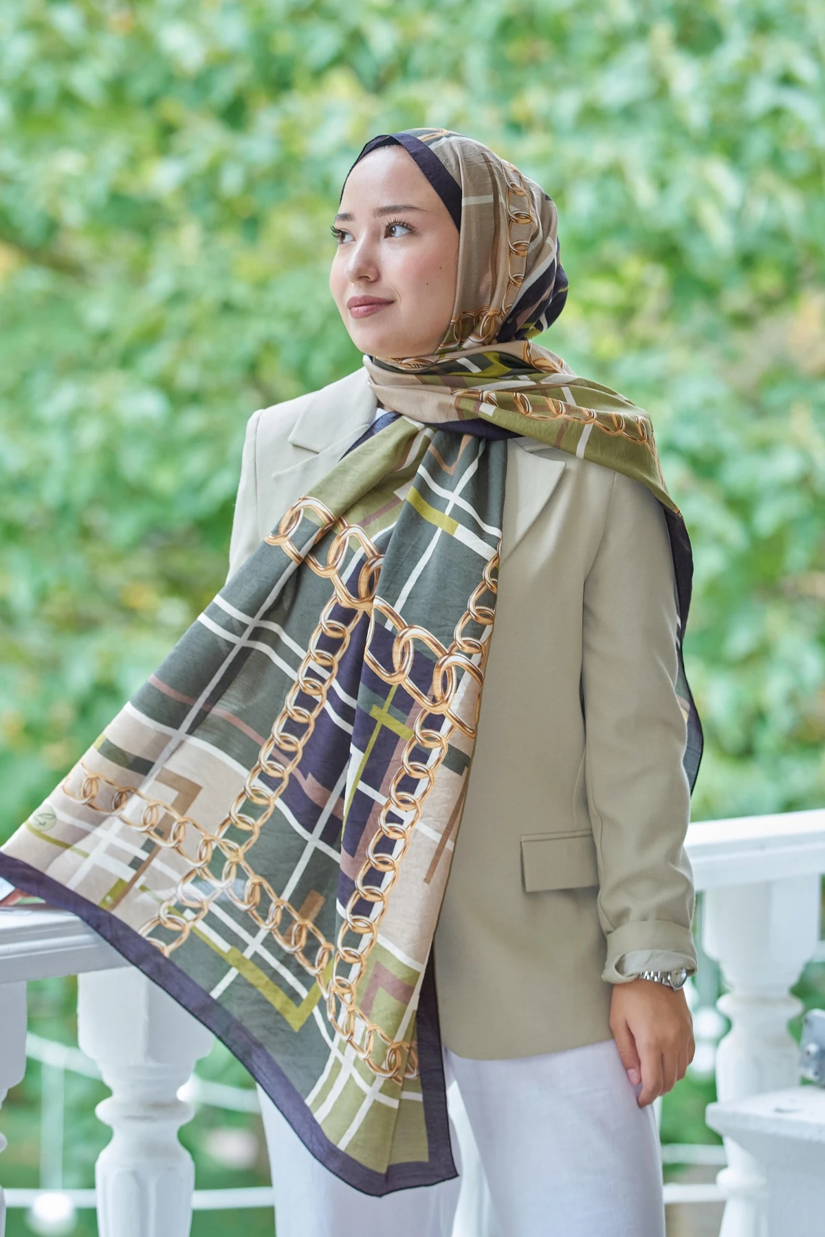 Siyah-Haki Loryan Scarf Diamond Ekose Zincir Şal