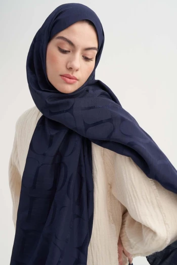 Koyu Lacivert Carell Monogram Desen Rina Floş Jakar Şal