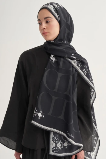 SİYAH Carell Luxe Çiçekli Monogram Floş Şal