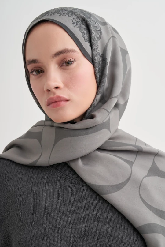 GRİ Carell Floral Çiçekli Monogram Floş Şal